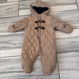 Boys Perry Ellis Khaki Tan Infant Quilted Snowsuit Size 0-3 Months Pram Jumpsuit